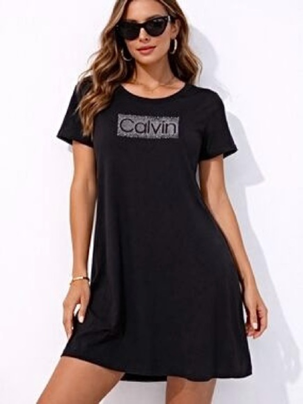 Calvin Klein Cotton Blend Black Calvin Rhinestone Versatile Casusl T-Shirt Dress